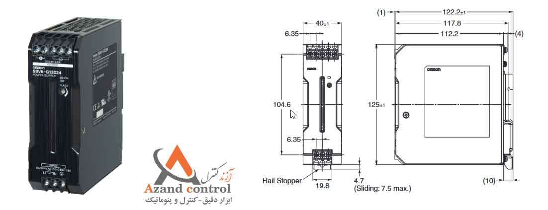 ابعاد منبع تغذیه 24 ولت 5 آمپر امرن سری S8VK-G12024