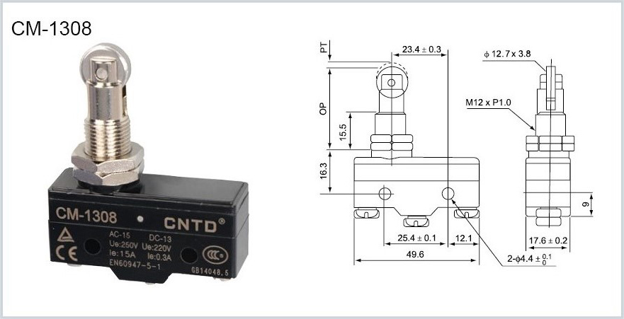 ابعاد میکرو سوئیچ CNTD مدل CM-1308