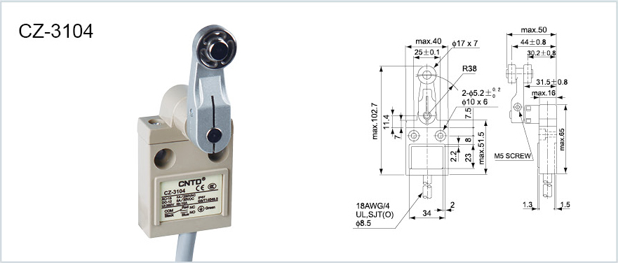 ابعاد لیمیت سوئیچ CNTD مدل CZ-3104