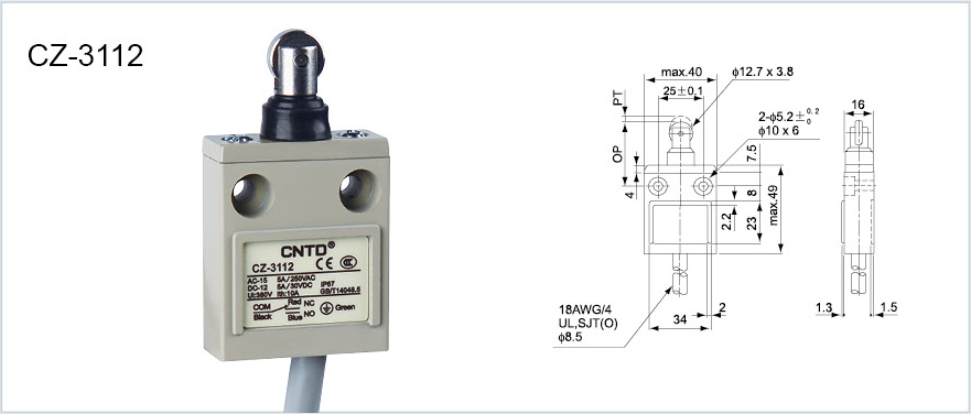 ابعاد لیمیت سوئیچ CNTD مدل CZ-3112