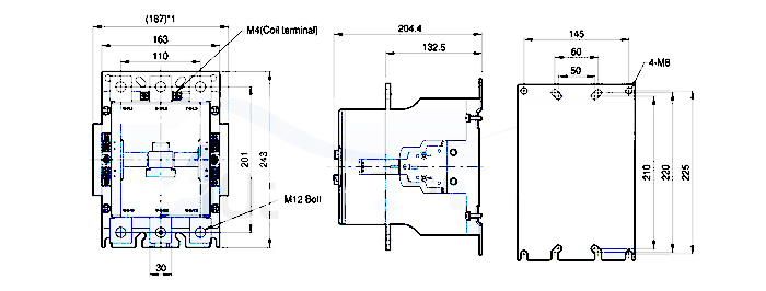 ابعاد کنتاکتور MC 265a بوبین 240-100 AC/DC